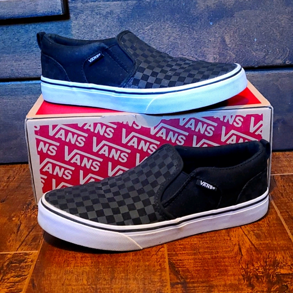 Vans Black and Gray Checkered Slip-On Shoes